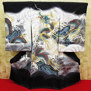 お祝い着・初着・のしめ お宮参り着物波と昇龍・黒