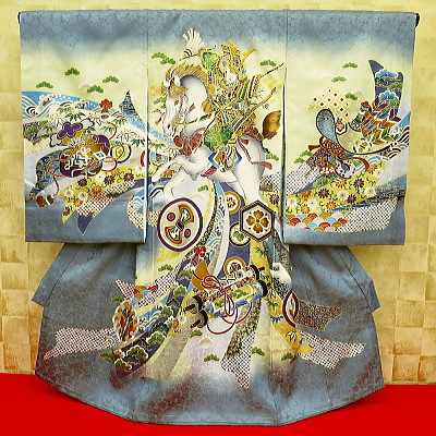 お祝い着・初着・のしめ お宮参り着物 熨斗に若武者と白馬・浅縹(あさはなだ)