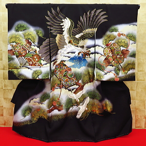 お祝い着・初着・のしめ お宮参り着物 富士山・鷹・吉祥紋様・黒