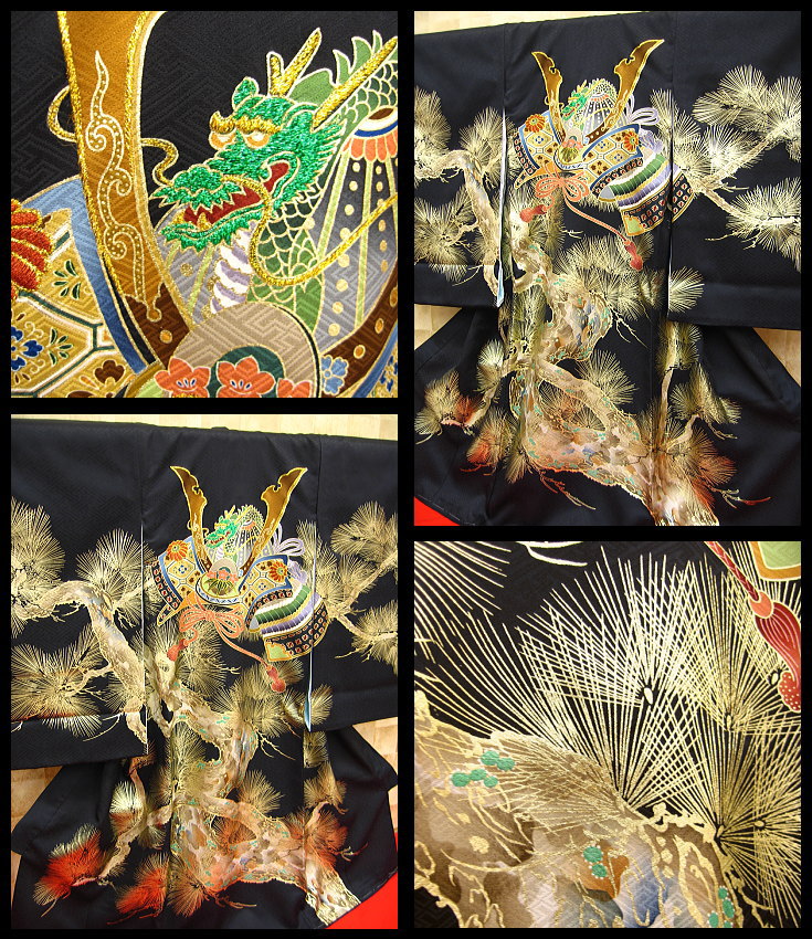 初着・祝着・のしめ・赤ちゃんの着物 兎と宝尽くし・黒・綸子地紋様