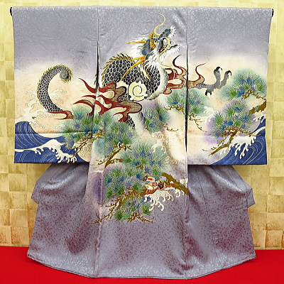 初着・祝着・のしめ・赤ちゃんの着物 龍に如意宝珠・松・グレー
