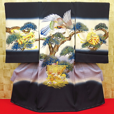 お祝い着・初着・のしめ お宮参り着物 鷹・松・宝船・黒