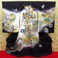 お祝い着・初着・のしめ お宮参り着物 金彩宝船・宝尽くし・菱型紋様・黒