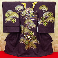 お祝い着・初着・のしめ お宮参り着物 金通し・兜・松 ボルドー