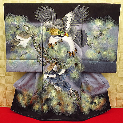 初着・祝着・のしめ 初着・祝着・のしめ 金彩松に鷹・黒グレーぼかし