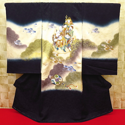 初着・祝着・のしめ 総刺繍七福神・黒 金ベージュぼかし