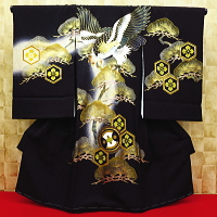 初着・祝着・のしめ 飛翔鷹・金彩松・黒ベージュぼかし