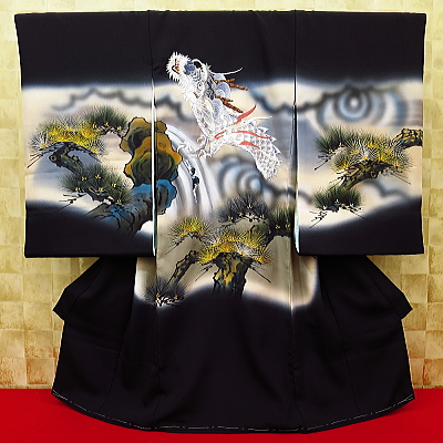 お祝い着・初着・のしめ お宮参り着物 吉祥松に昇り龍・黒