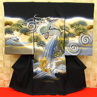 お祝い着・初着・のしめ お宮参り着物 雲龍・鯉の滝のぼり・黒金