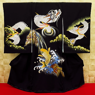 初着・祝着・のしめ・赤ちゃんの着物 跳鯉と天空龍・黒
