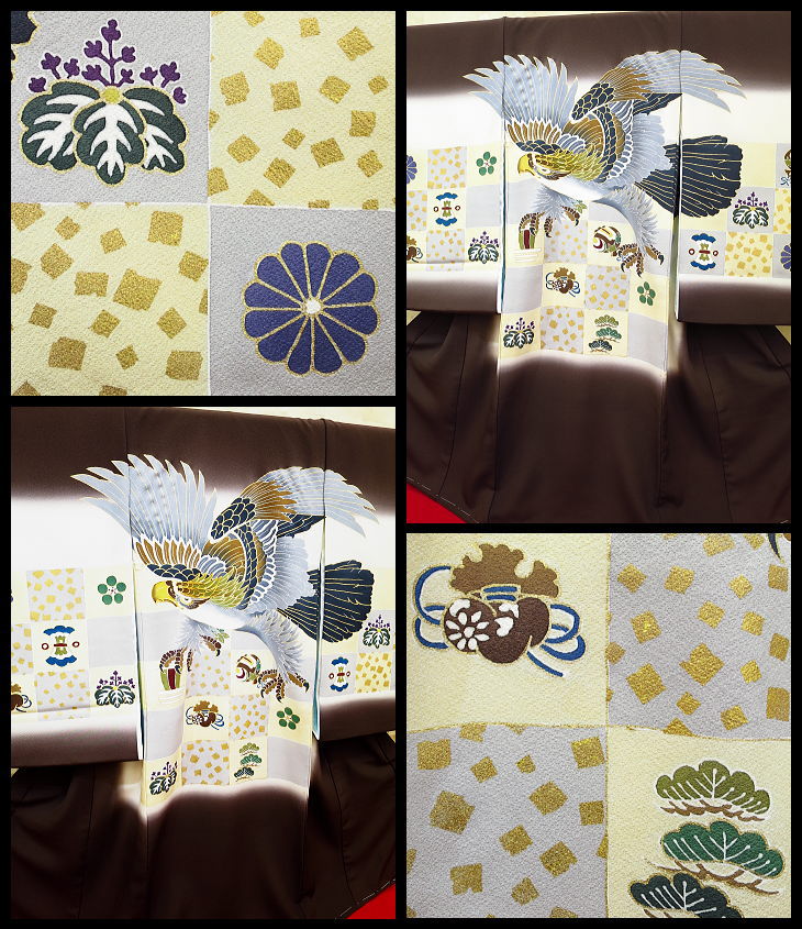 初着・祝着・のしめ・赤ちゃんの着物　鷹・市松紋様・縁起物・こげ茶