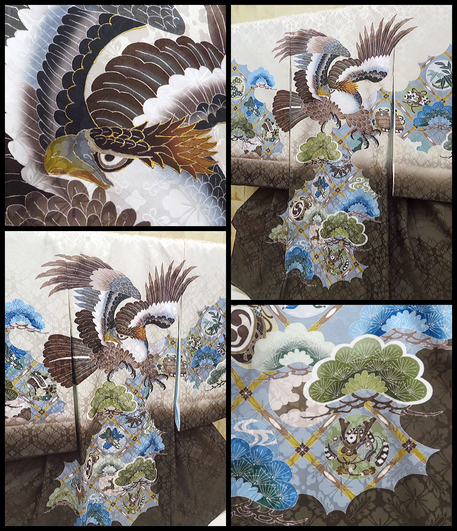 初着・祝着・のしめ・赤ちゃんの着物 飛翔鷹に縁起物・茶ベージュ