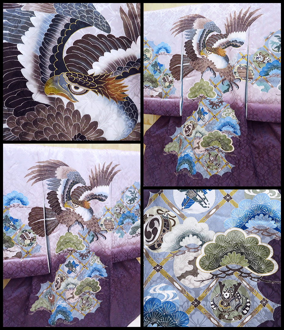 初着・祝着・のしめ・赤ちゃんの着物 飛翔鷹に縁起物・紫系