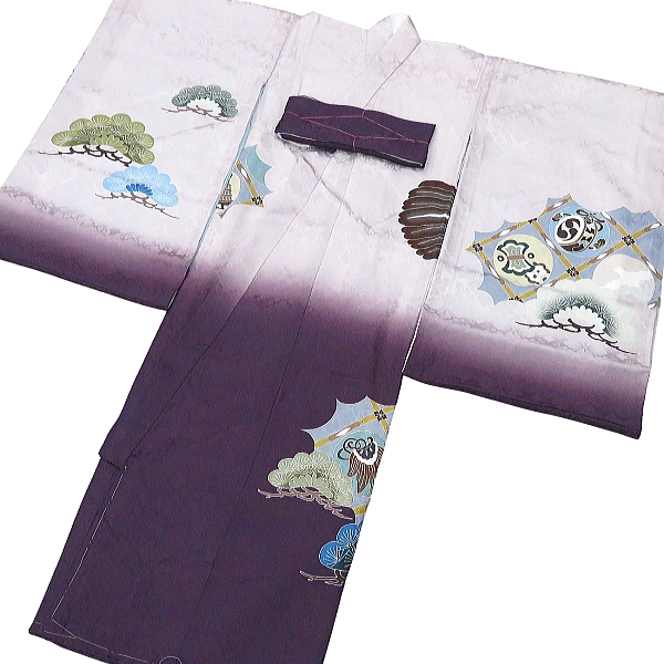 初着・祝着・のしめ・赤ちゃんの着物 飛翔鷹に縁起物・紫系