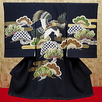 お祝い着・初着・のしめ　お宮参り着物  飛翔鷹に吉祥松・紺