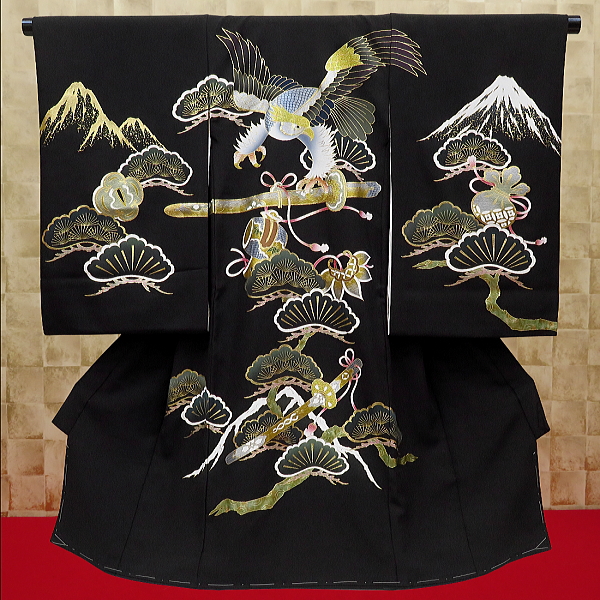 初着・祝着・のしめ・赤ちゃんの着物 鷹に刀剣・富士山・巳・黒