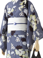 撫松庵ゆかた 芙蓉と猫 グレー
