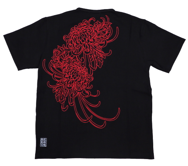 和柄半袖ヘンリーネックTシャツ！流水に枝垂れ桜刺繍！和風Tシャツ 