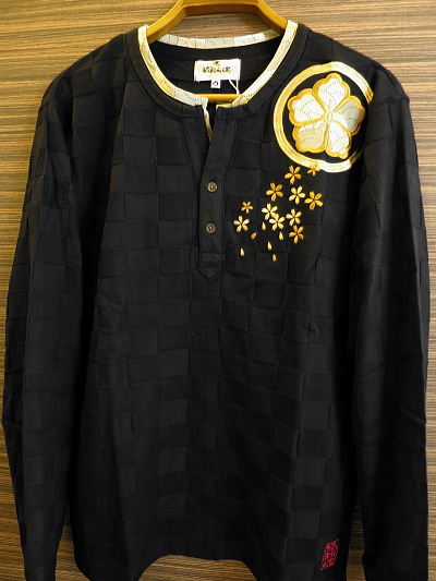 絡繰魂 和柄長袖Tシャツ、ロンT！家紋刺繍ヘンリーネック