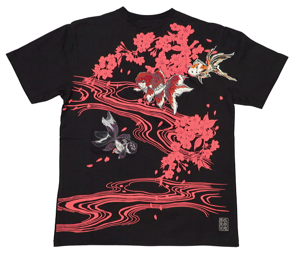 和柄半袖ヘンリーネックｔシャツ 流水に枝垂れ桜刺繍 和風ｔシャツ 絡繰魂