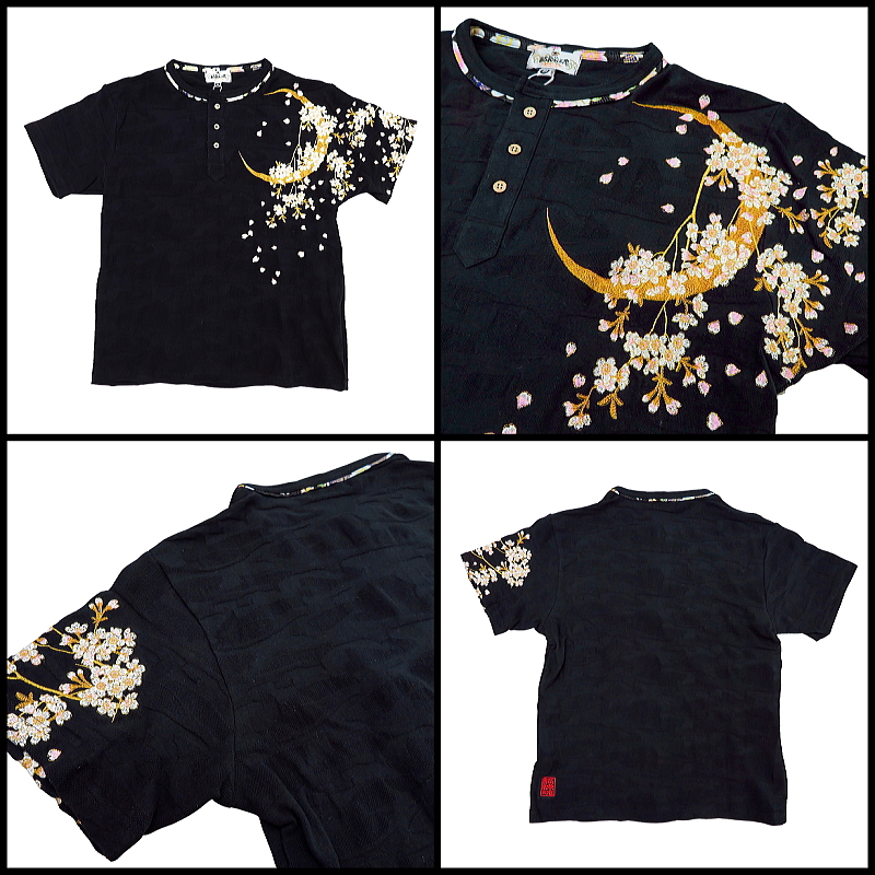 和柄半袖T シャツ 刺繍 三日月と枝垂れ桜 ヘンリーネック 絡繰魂